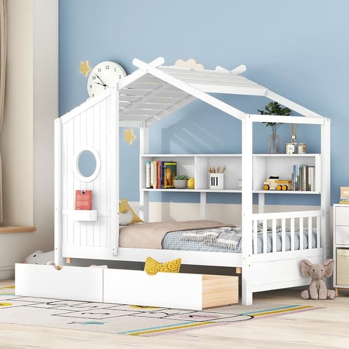 Twin Bed Frames with Storage, Twin Size House Bed with 2 Drawers and Side Shelves