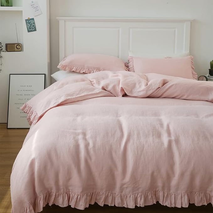 100% Linen Duvet Cover Set, 3 PCS Natural French Flax Natural Linen Ruffle Duvet Cover