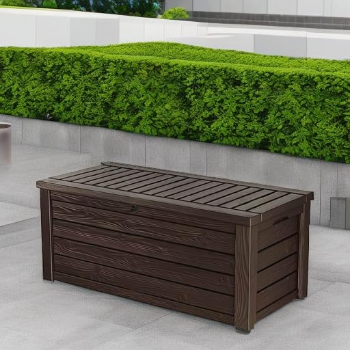 Outdoor Storage Deck Box, 150 Gallon Resin Patio Bin & Bench, Wood Grain, Brown