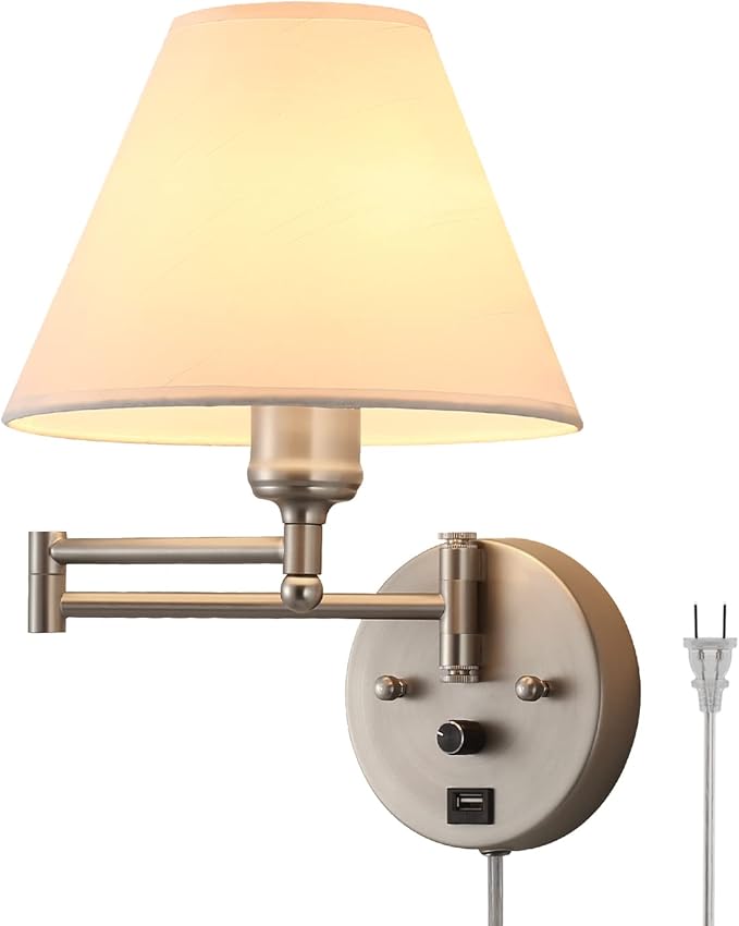 Swing Arm Wall Sconces, Plug-in Wall lamp,Bedroom Wall lamp , White Fabric Shade