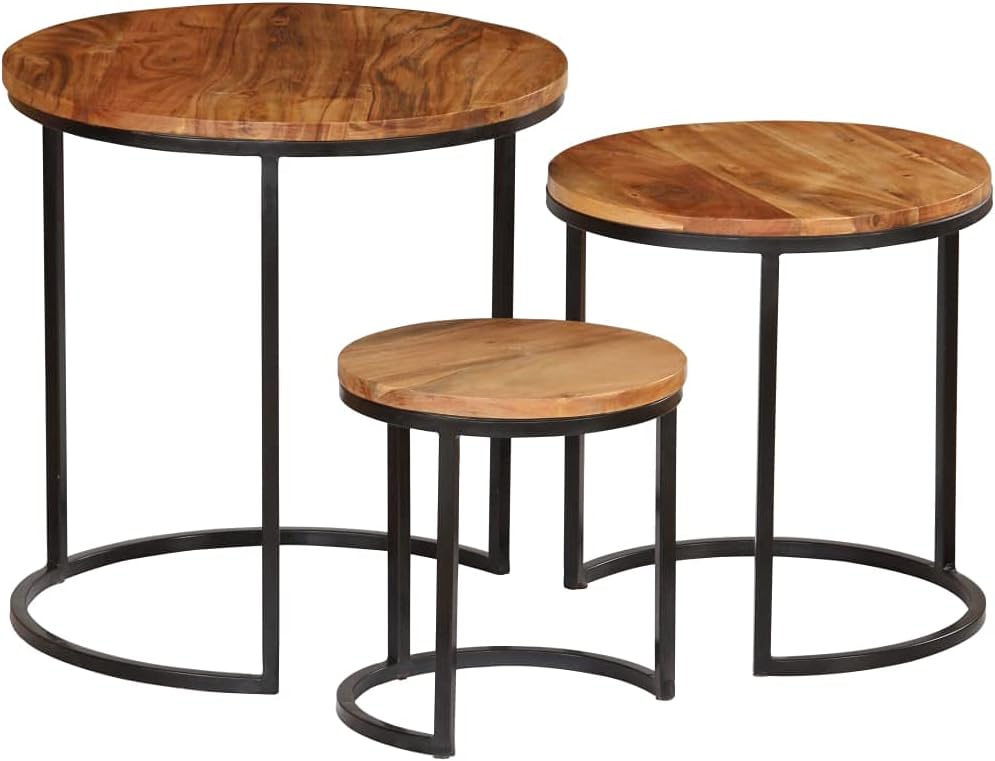 Solid Acacia Wood Coffee Table Set with Sheesham Finish - Fully Assembled 3-Piece