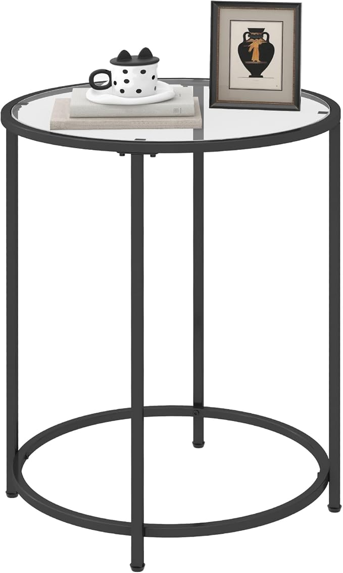 19.7’’ Round Glass End Table, Round Bedside Table with Tempered Glass Top