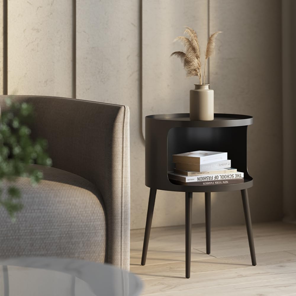 Modern Side Table, Small Round end Table with Open Storage for Small Spaces