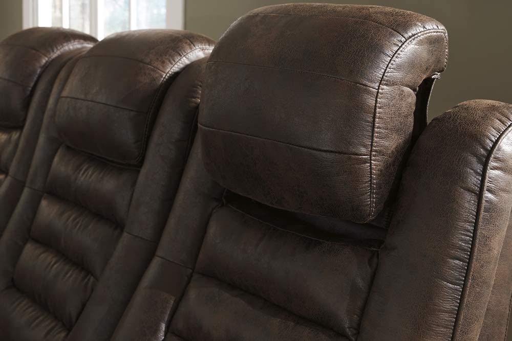 Game Zone Faux Leather Adjustable Power Reclining Sofa with Cup Holders and Storage, Brown