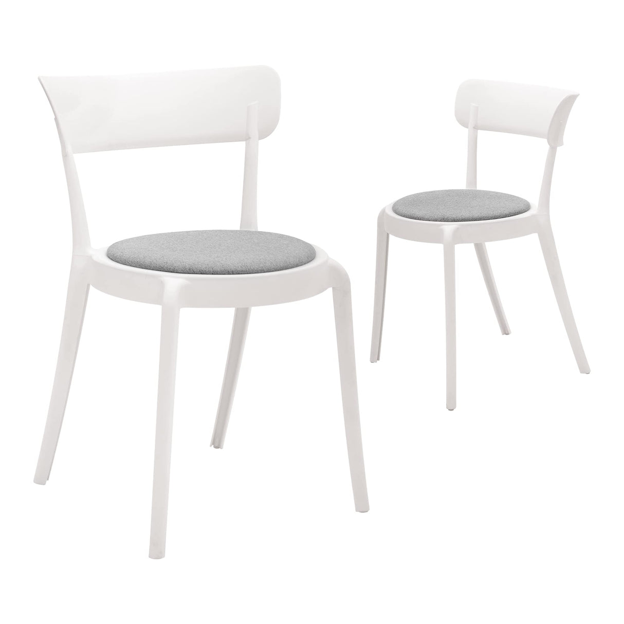 Armless Bistro Dining Chair-Set of 2, Premium Plastic with Upholstered Seat, White + Grey