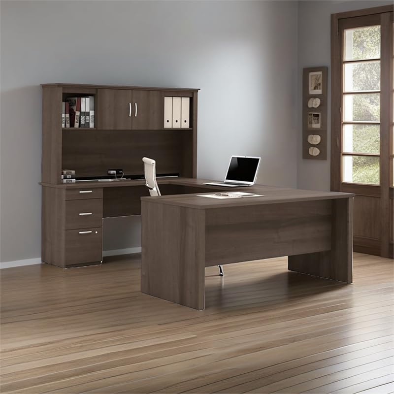 Modern Contemporary U-Shaped Wood Computer Desk with Hutch
