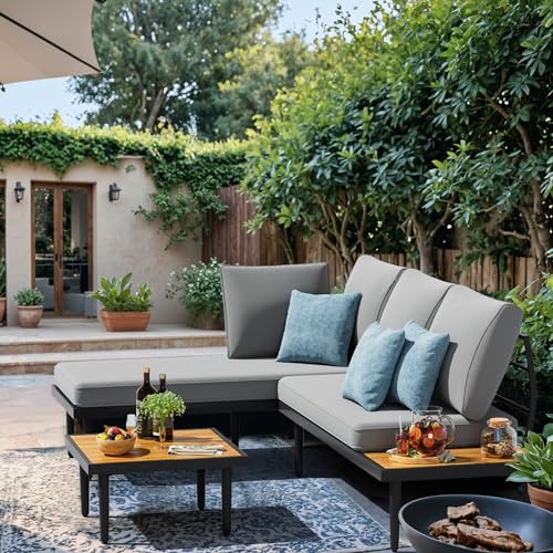 Outdoor Sectional Furniture Patio Sectional Sofa with Acacia Wood Table