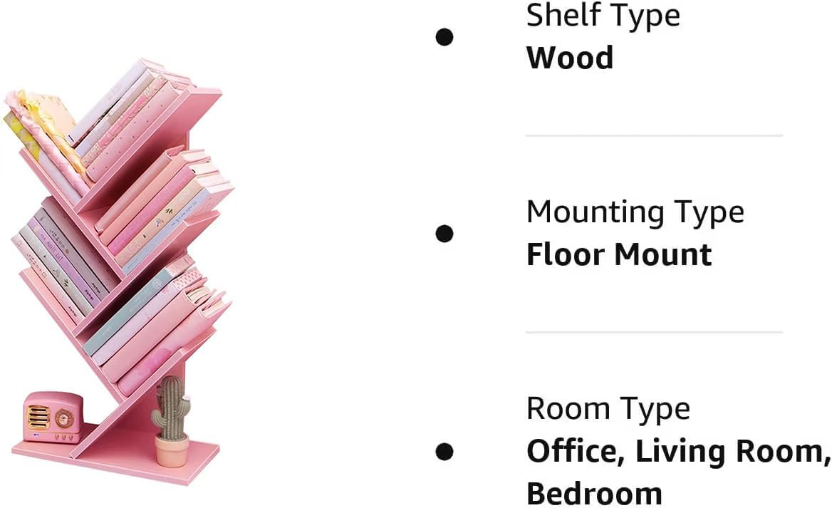 Tree Bookshelf,4-Layer Floor Standing,The Desktop Bookshelf Can Hold Books,Magazines,CDs and Photo Albums,Office Storage Rack,Pink