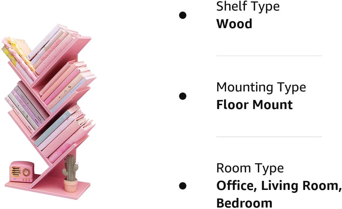 Tree Bookshelf,4-Layer Floor Standing,The Desktop Bookshelf Can Hold Books,Magazines,CDs and Photo Albums,Office Storage Rack,Pink