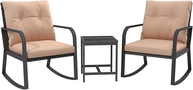 3 Pieces Patio Bistro Set Outdoor Rocking Chair w Cushion for Yard Garden Poolside (Red)