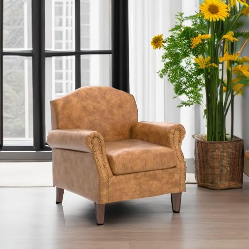 Set of 2 Faux Leather Accent Chair with Retro Wood Legs, Comfy Upholstered Armchair