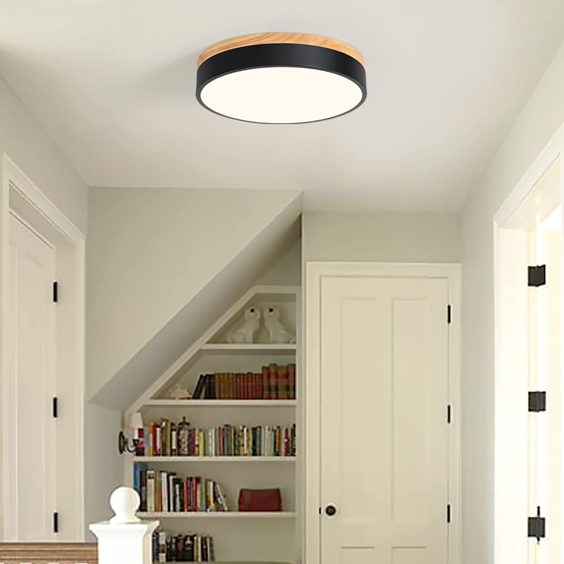 Modern Dimmable Wood LED Close to Ceiling Light, 2700K-6000K 5CCT Round Black