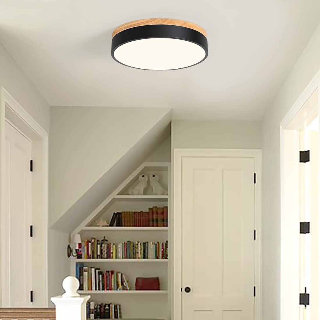 Modern Dimmable Wood LED Close to Ceiling Light, 2700K-6000K 5CCT Round Black