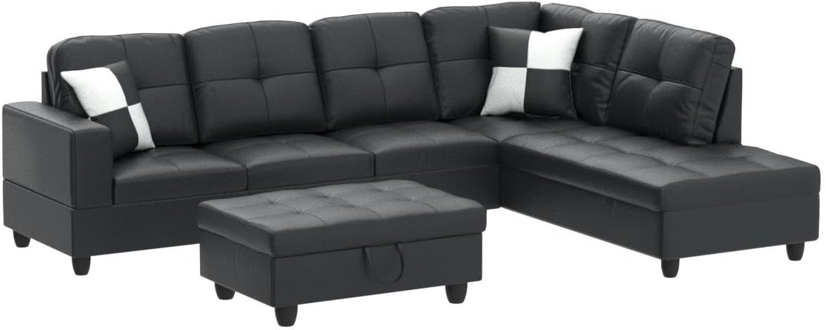 3 Piece Living Room Furniture Sets, L-Shaped Sectional Sofa
