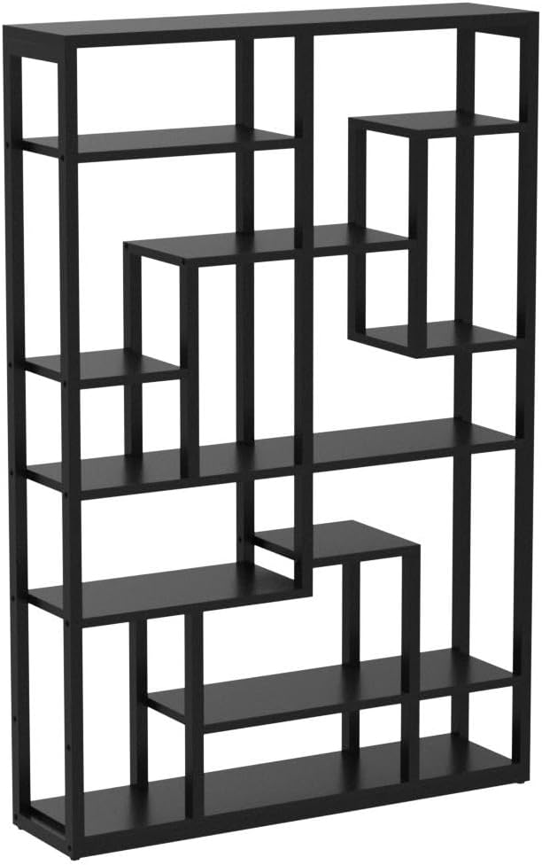 Black Bookshelf 47” Bookcase 9 Tier Tall Book Shelf Rustic Geometric Bookcase Display Shelf Organizer with Open Storage Shelf for Living Room, Industrial Wood Metal Bookshelf for Office