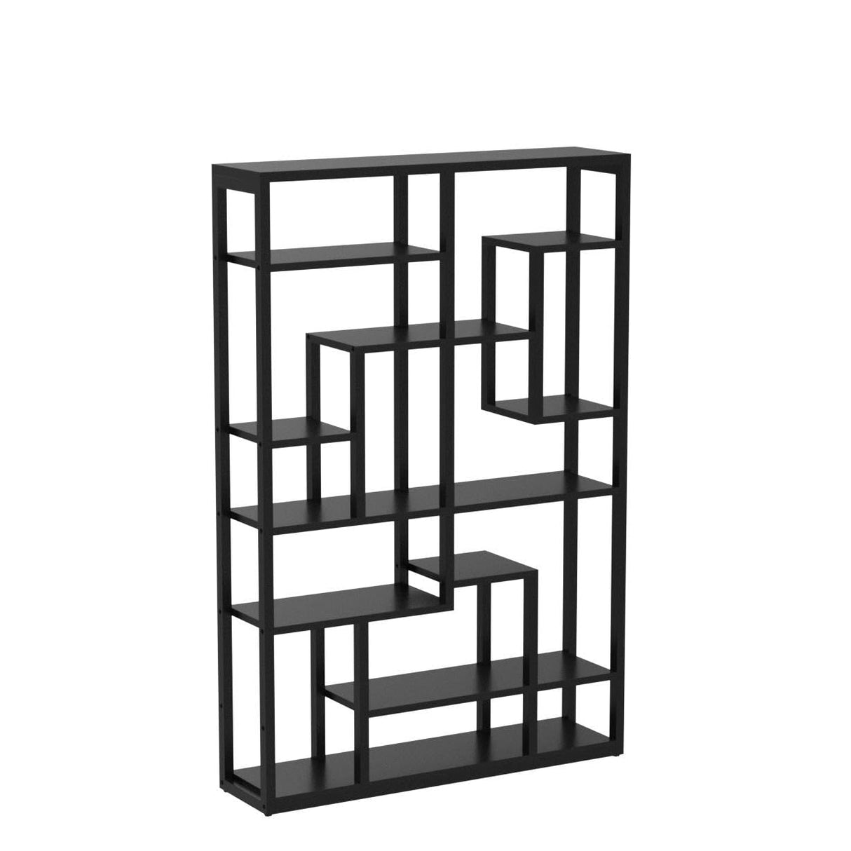 Black Bookshelf 47” Bookcase 9 Tier Tall Book Shelf Rustic Geometric Bookcase Display Shelf Organizer with Open Storage Shelf for Living Room, Industrial Wood Metal Bookshelf for Office