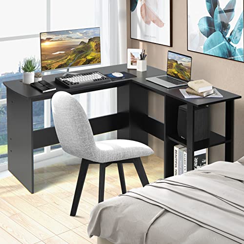 Shaped Computer Desk, Corner Desk for Small Space, Laptop Workstation with 2-Tier Open Shelf & 2 Cable Management Holes