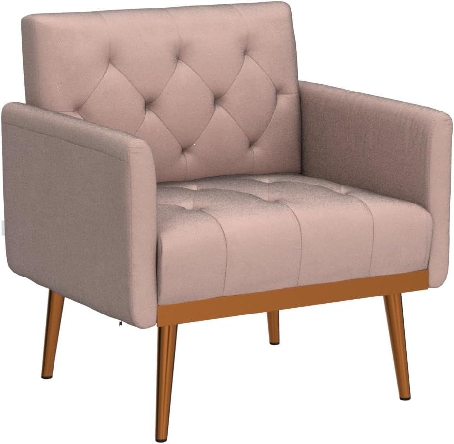 Modern Velvet Single Sofa Chair, Upholstered Accent Living Room Chair, Comfy Armchair with Rose Golden Metal Legs, Tufted Chair for Reading or Lounging (Pink)