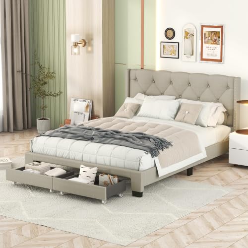 Queen Size Storage Bed Linen Upholstered Platform Bed