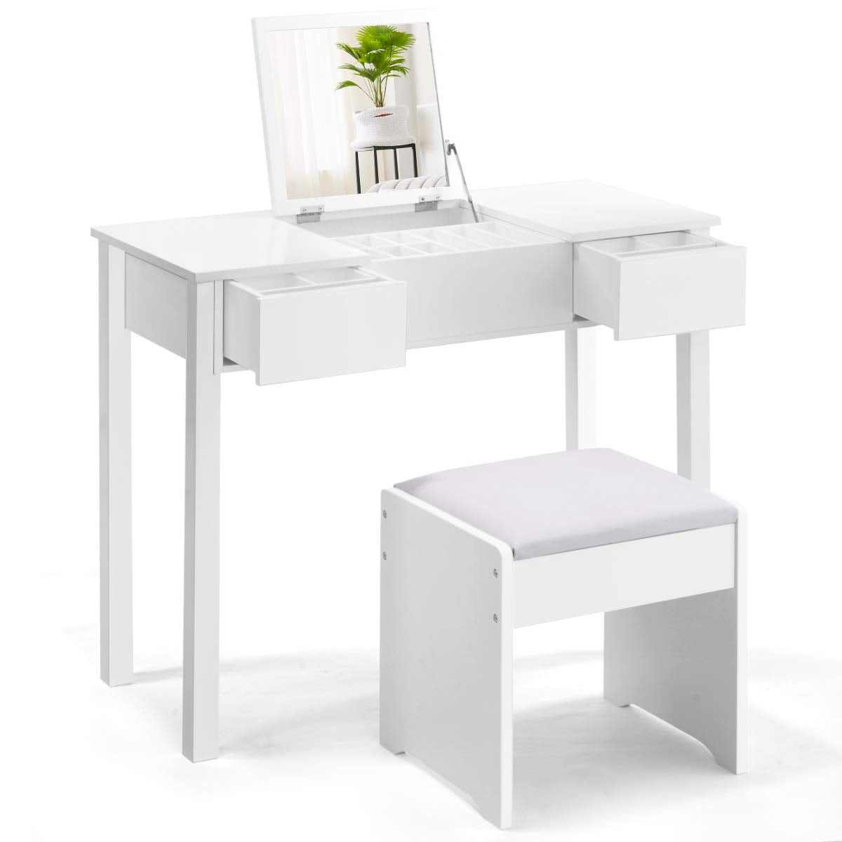Vanity Set with Flip Top Mirror and Cushioned Stool, Makeup Dressing Table Writing Desk with 2 Drawers