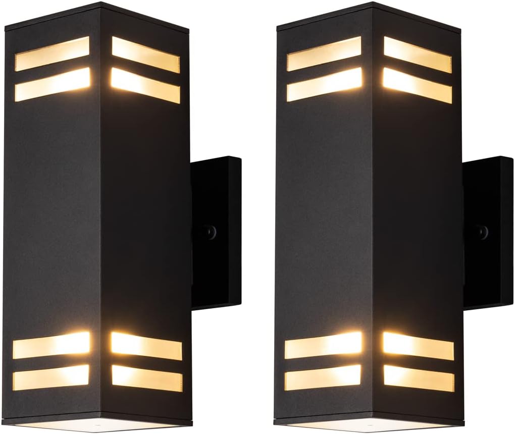 mirrea 12in Modern Outdoor Porch Light Patio Light in 2 Lights with Aluminum Rectangular Tube and Tempered Glass Cover Waterproof Wall Sconce Matte Black 2 Pack