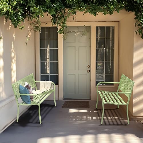 Outdoor Bench Metal with Floral Back, Garden Bench Front Porch Bench for Yard Patio