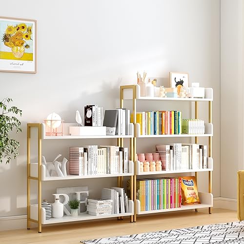 Open Shelf Bookcase - Modern 3-Tier Floor Standing Display Bookshelf with Three-Side Panels for Home and Office, Storage Shelving in Warm White with Gold Frame
