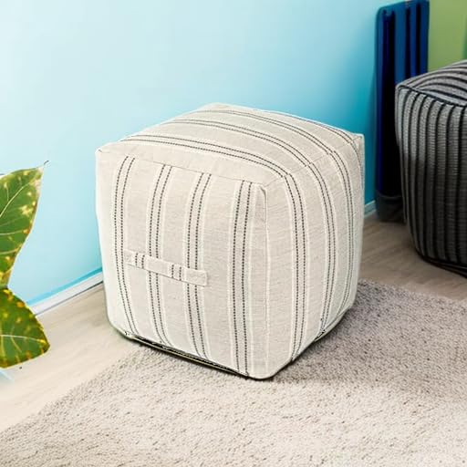 Farmhouse Pouf Cover for Living Room, Boho Storage Bean Bag Cubes, Beige with Gray