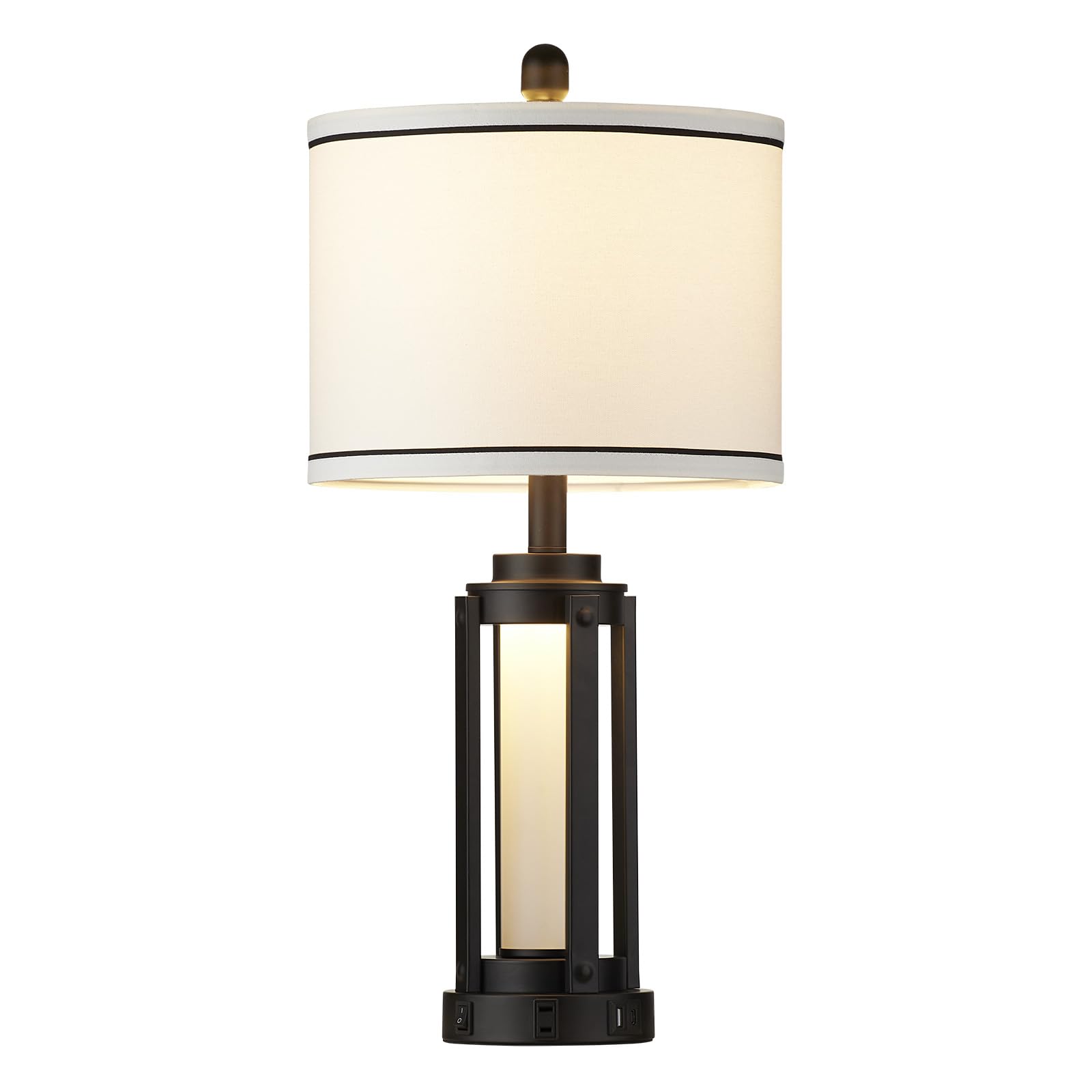 Modern Table Lamps for Living Room, Industrial Beside Lamps with USB A+C Charging Ports & AC Outlet, Rustic Nightstand Lamp with Glass Night Light for Bedroom End Table Entryway Black(4 Bulb Included)