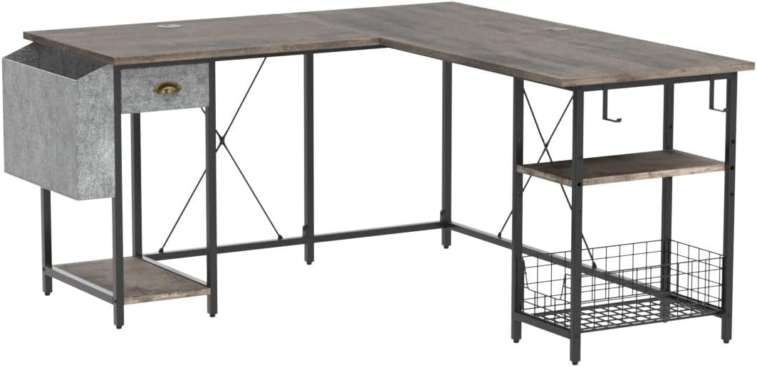 2 Person Desk Large L-Shaped Computer Desk with Storage Shelves Drawer