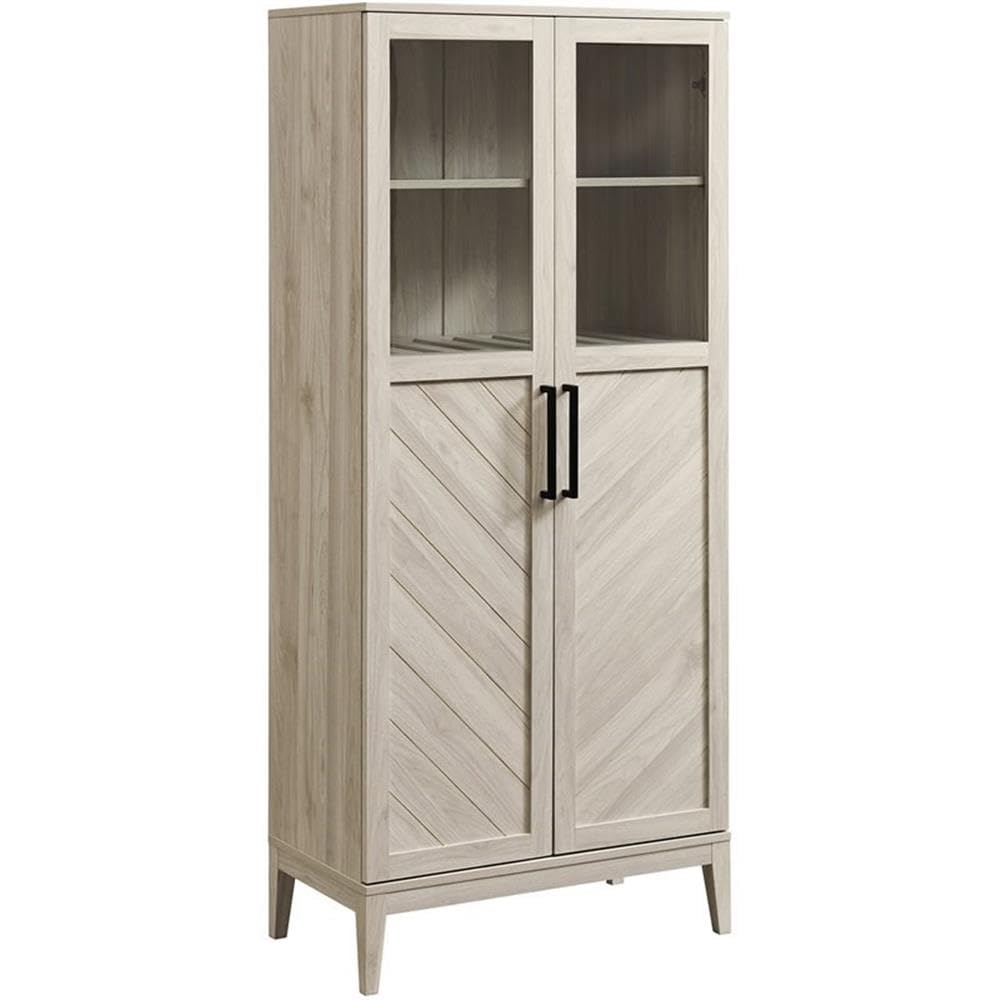 Emma Boho Chevron 2 Door Glass Window Hutch with Bottle Storage, 68 Inch, Birch