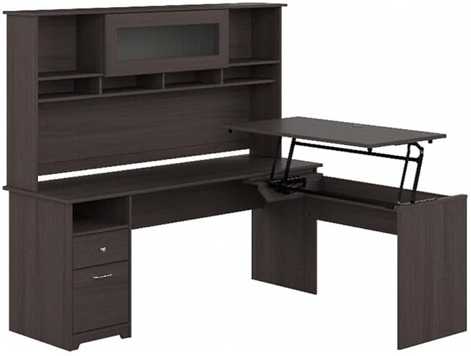 Cabot 72W 3 Position L Shaped Sit to Stand Desk with Hutch in Espresso Oak
