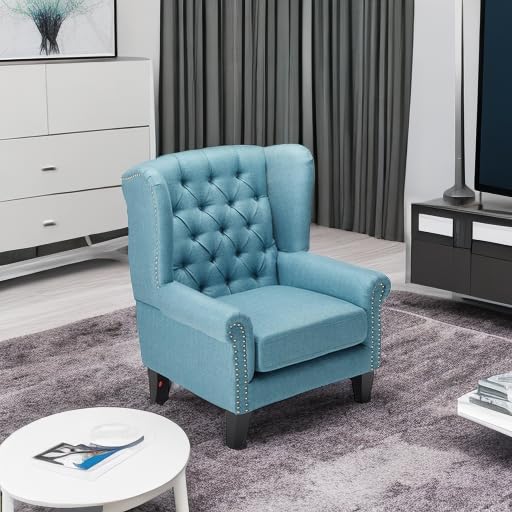 Laird Traditional Winged Fabric Accent Chair, Blue / Dark Brown