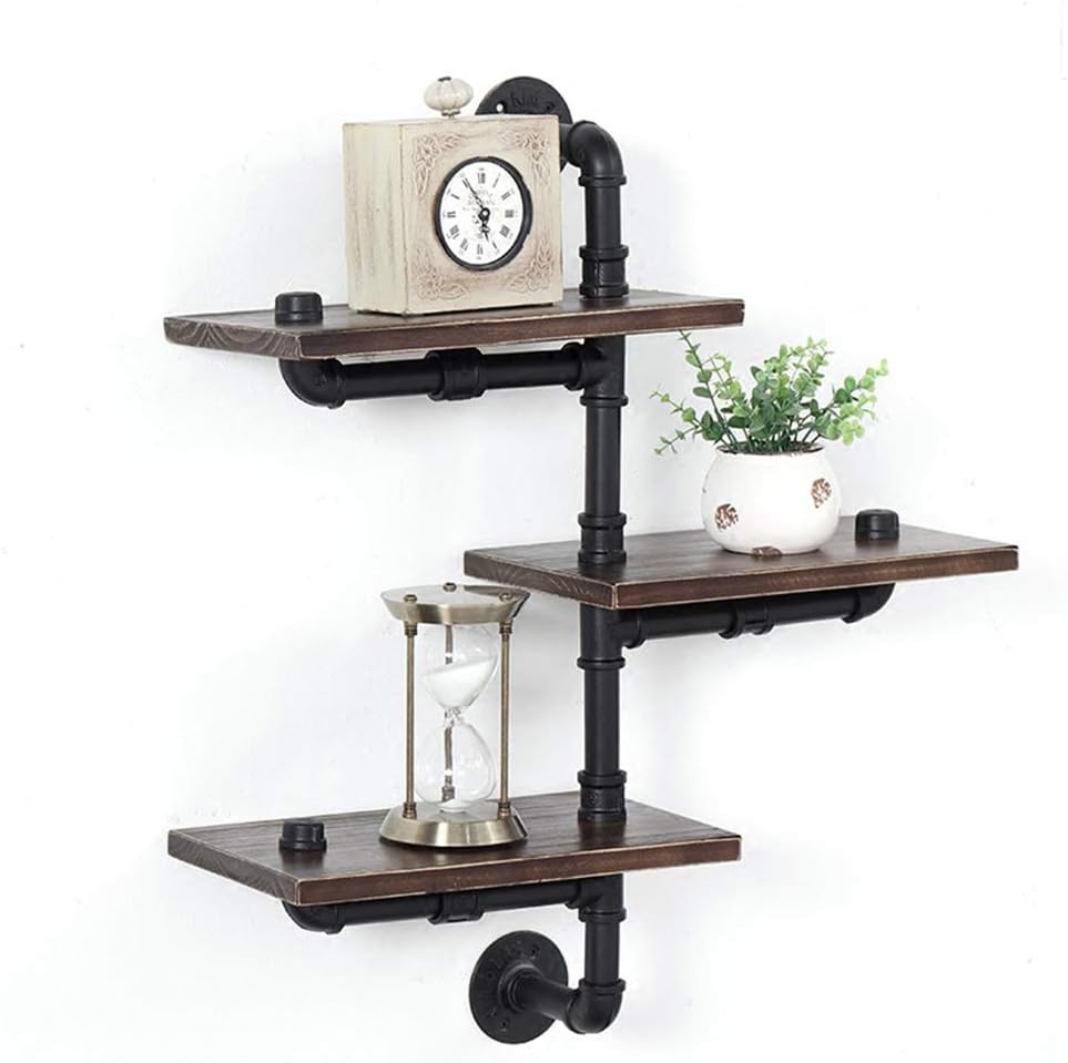 Retro Shelves Industrial Style Wrought Iron Water Pipe Display Stand Solid Wood Bulkhead