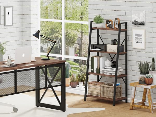 Industrial Ladder Shelf Bookcase, 4 Tier Rustic Ladder Bookshelf, Standing Leaning Book