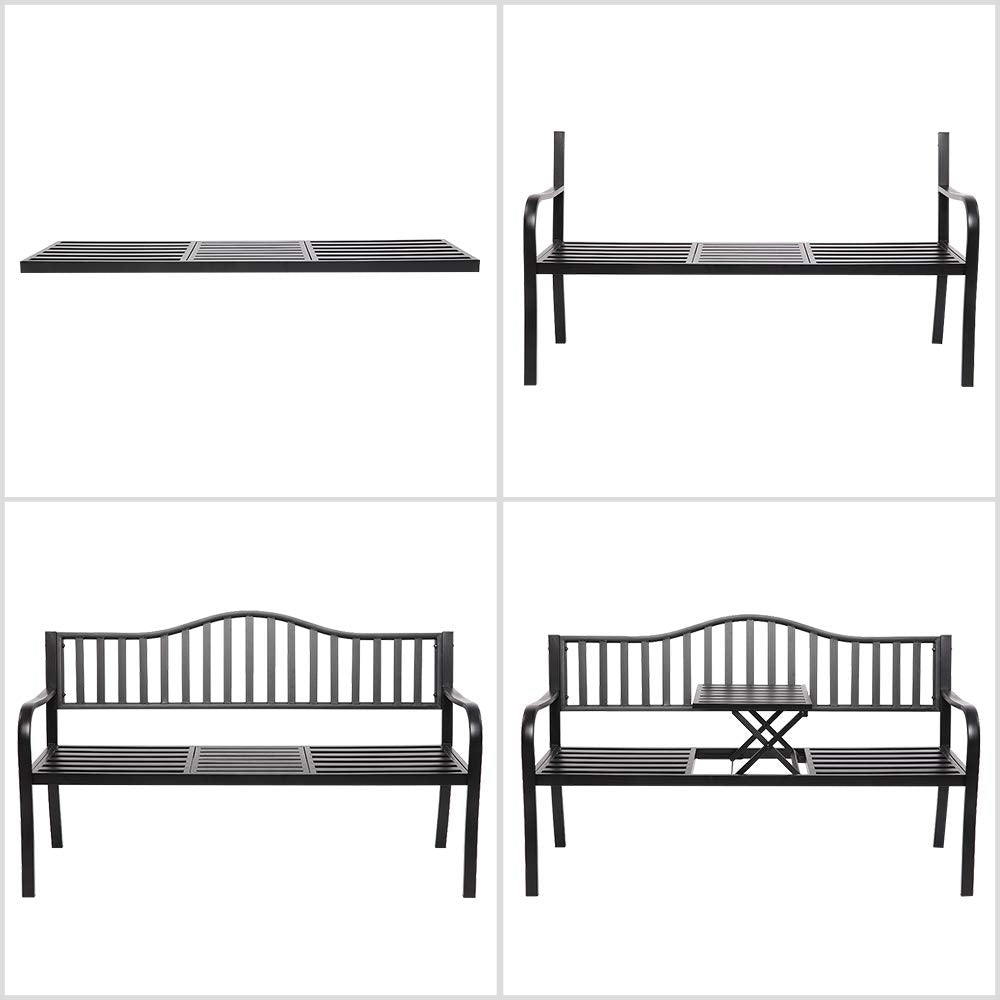 59" Outdoor Metal Bench Patio Bench with Built in Table Park Bench Garden Bench