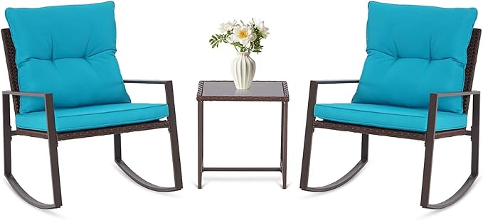 3 Piece Outdoor Rocking Bistro Set Black Wicker Furniture Porch Chairs Conversation Sets with Glass Coffee Table, Beige