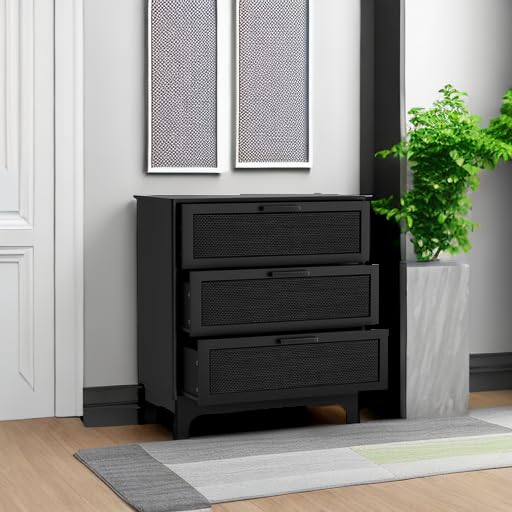 35" H Black Rattan Dresser, Farmhouse 3 Drawer Dresser