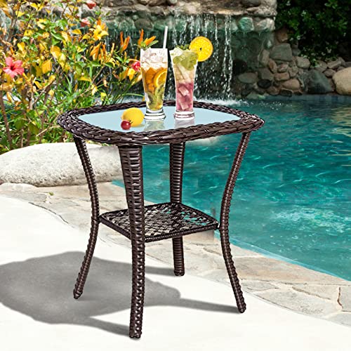 Outdoor Side Table, Indoor Outdoor Tempered Glass Top Wicker Coffee Bistro Table