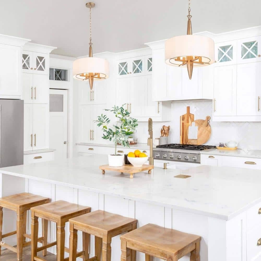 Gold Chandelier, 4 Light Gold Drum Chandelier with Fabric Shade, Modern Chandelier