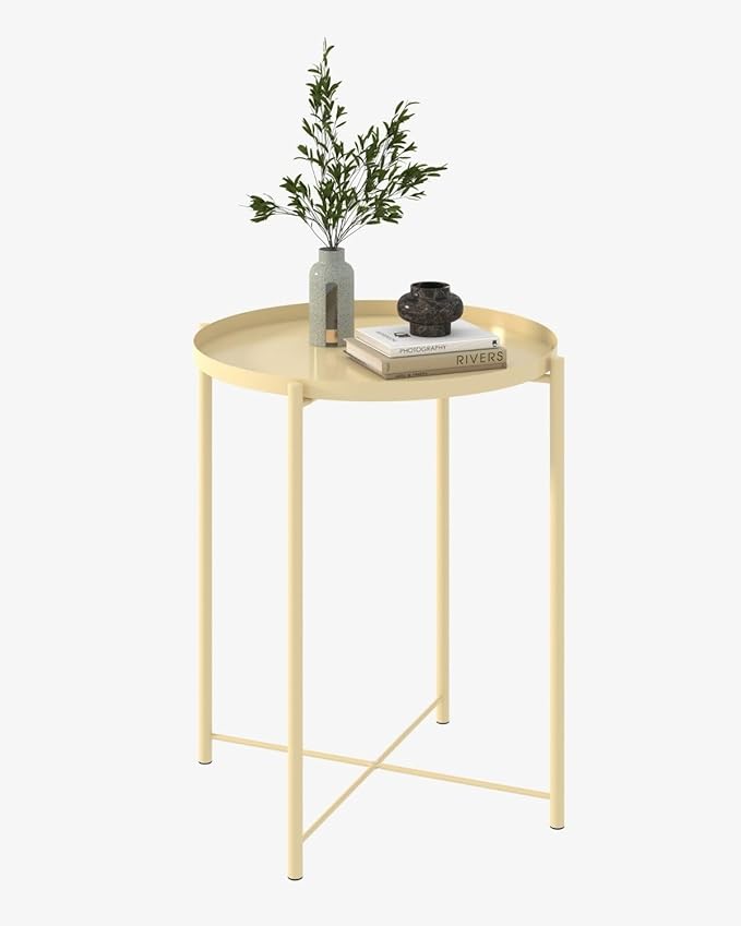 Round Small Side Table, Metal End Table with Removable Tray for Indoor Outdoor