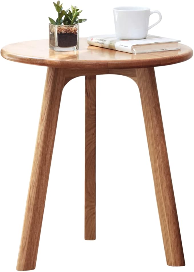 Round Side Table - 100% Natural Solid Oak Wood - 3 Legs Wood End Table for Living