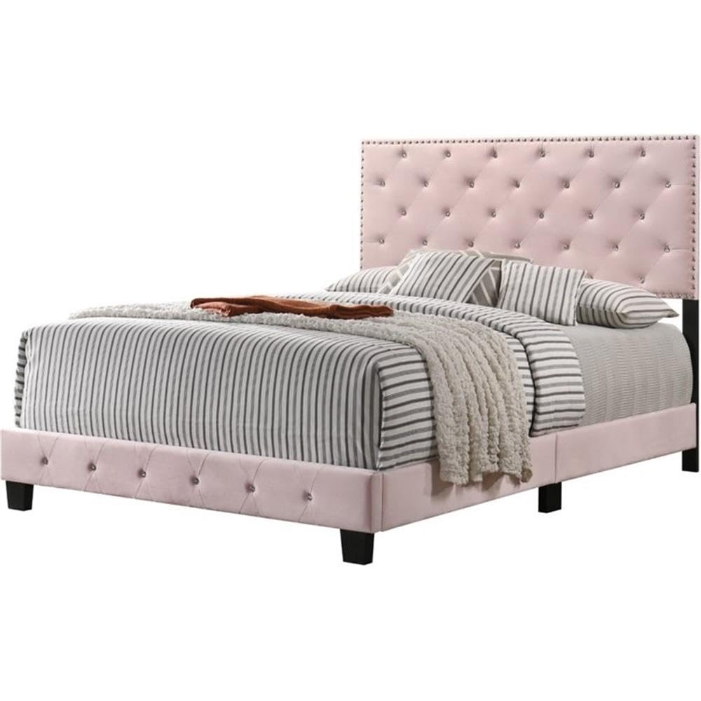 Suffolk Velvet Upholstered Queen Bed in Pink