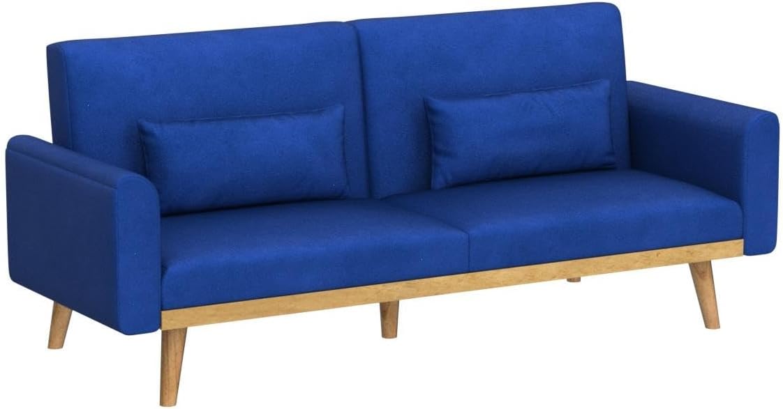 Blue Futon Sofa Bed, Velvet Convertible Sofa Couch Sleeper with Wood Legs & 2 Pillows