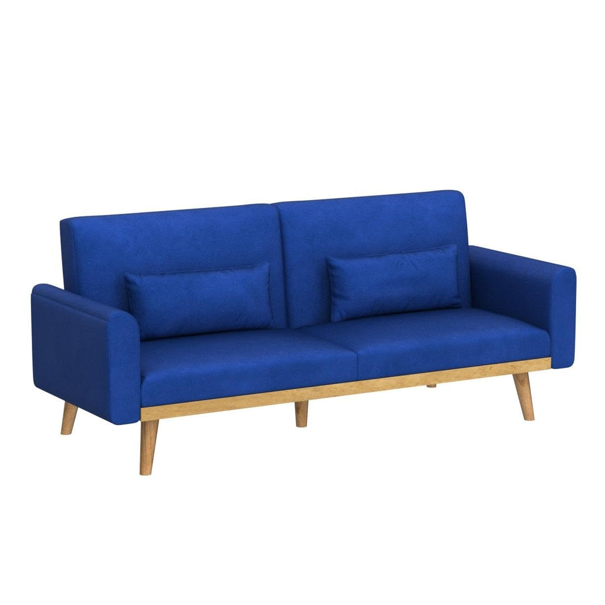 Blue Futon Sofa Bed, Velvet Convertible Sofa Couch Sleeper with Wood Legs & 2 Pillows