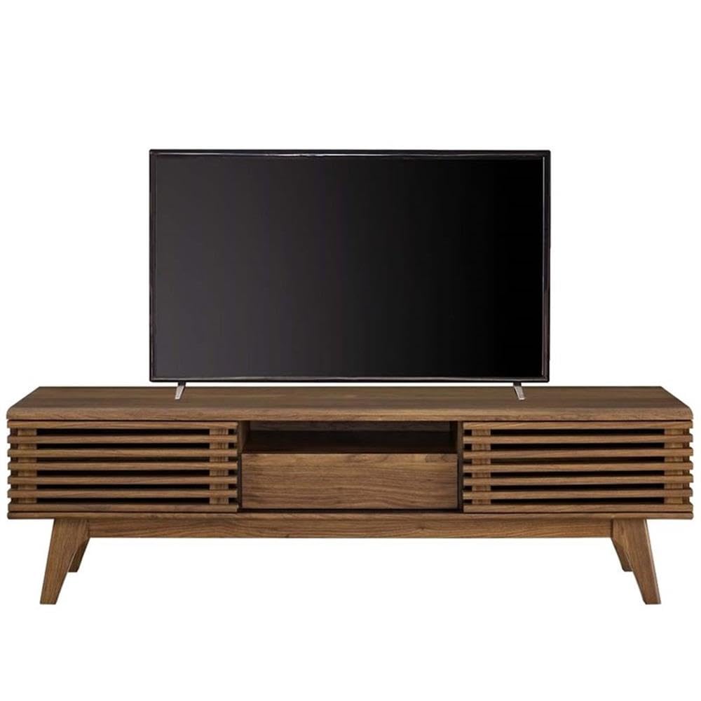 Mid Century Modern Low Profile 59" Retro TV Stand with Slatted Shelves in Walnut