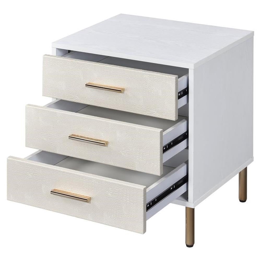 Wooden Storage Nightstand in White and Champagne and Gold