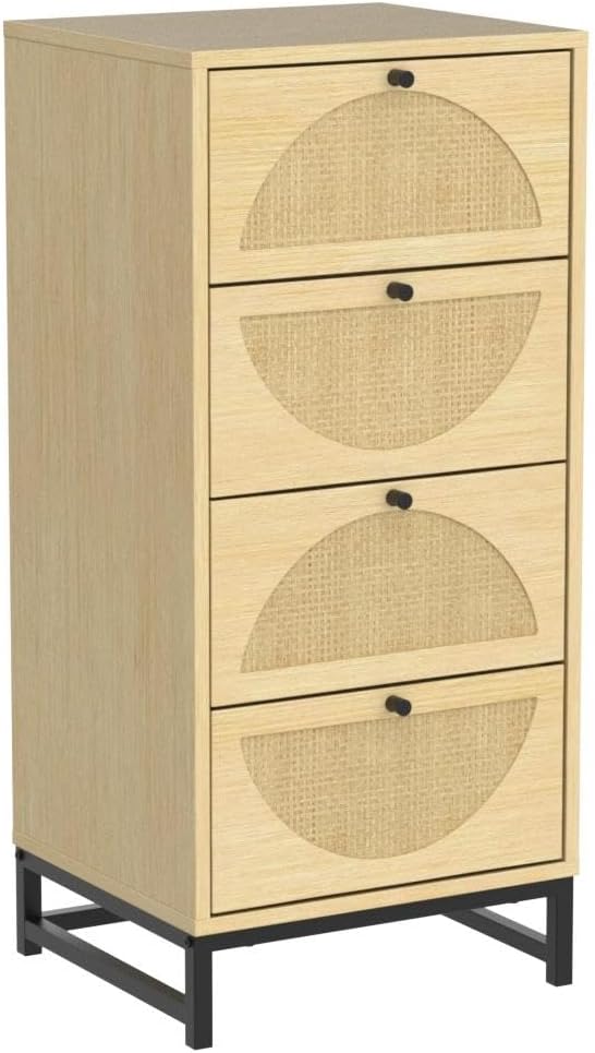 4 Drawer Rattan Dresser with Metal Legs - Natural Oak Storage Cabinet for Bedroom