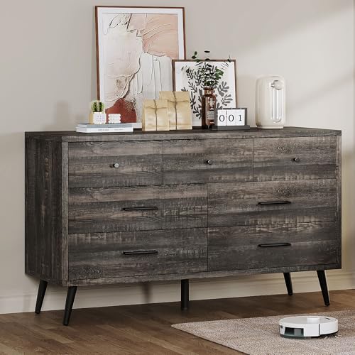 Dark Rustic Oak 7 Drawer Dresser, 47" W Large Double Dresser Chest of Drawers