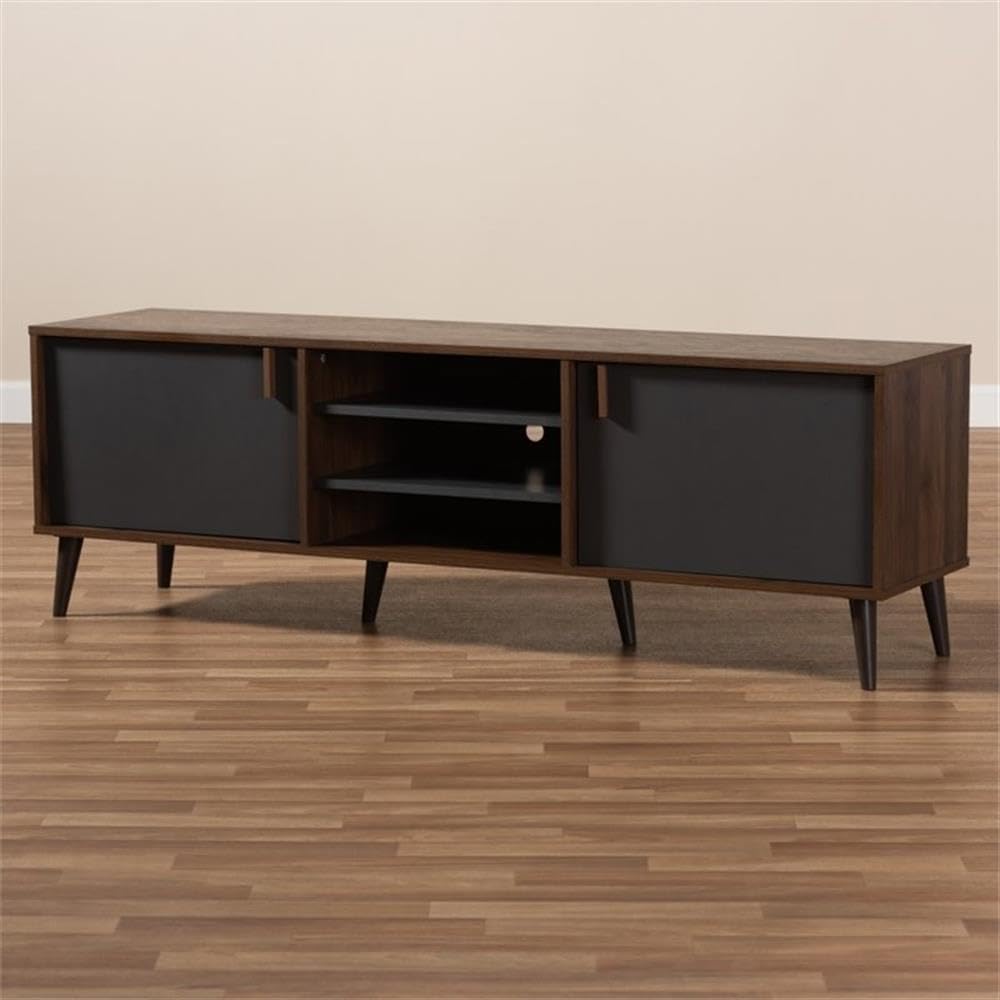 Samuel 5-Shelf Wood TV Stand, Walnut Brown and Dark Grey